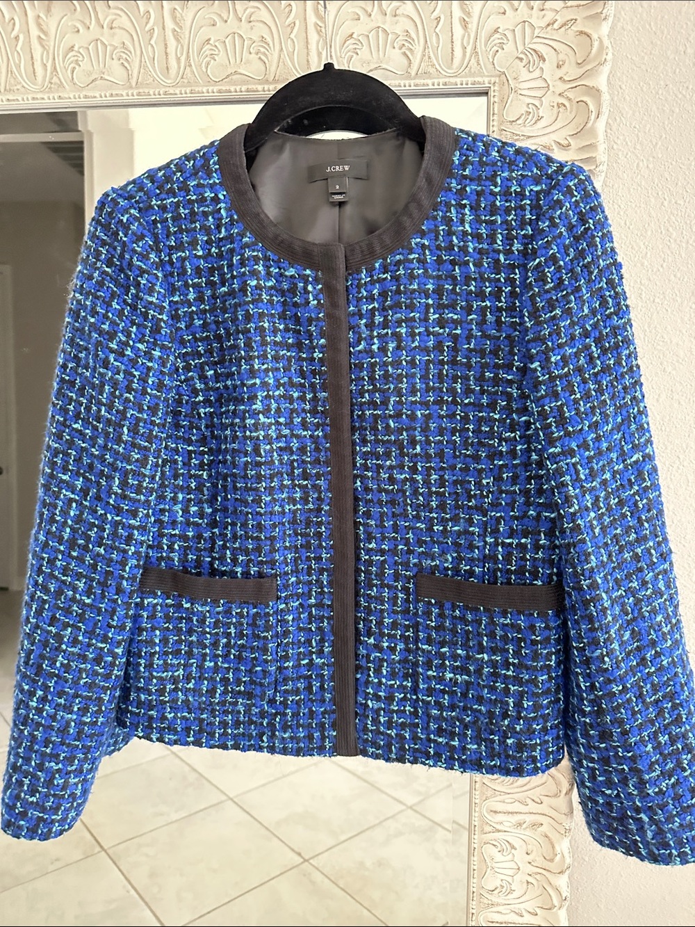 J. Crew Blue Tweed Collarless Jacket